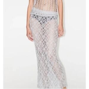 Zara Metallic Silver Open Knit Embroidered Mesh Skirt Midi / Maxi Size Large